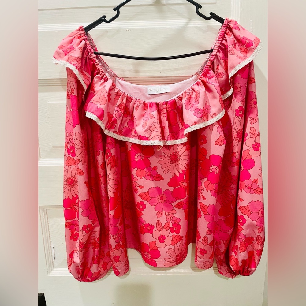 Smith and Quinn Floral Pink Ruffle Blouse, Size Small